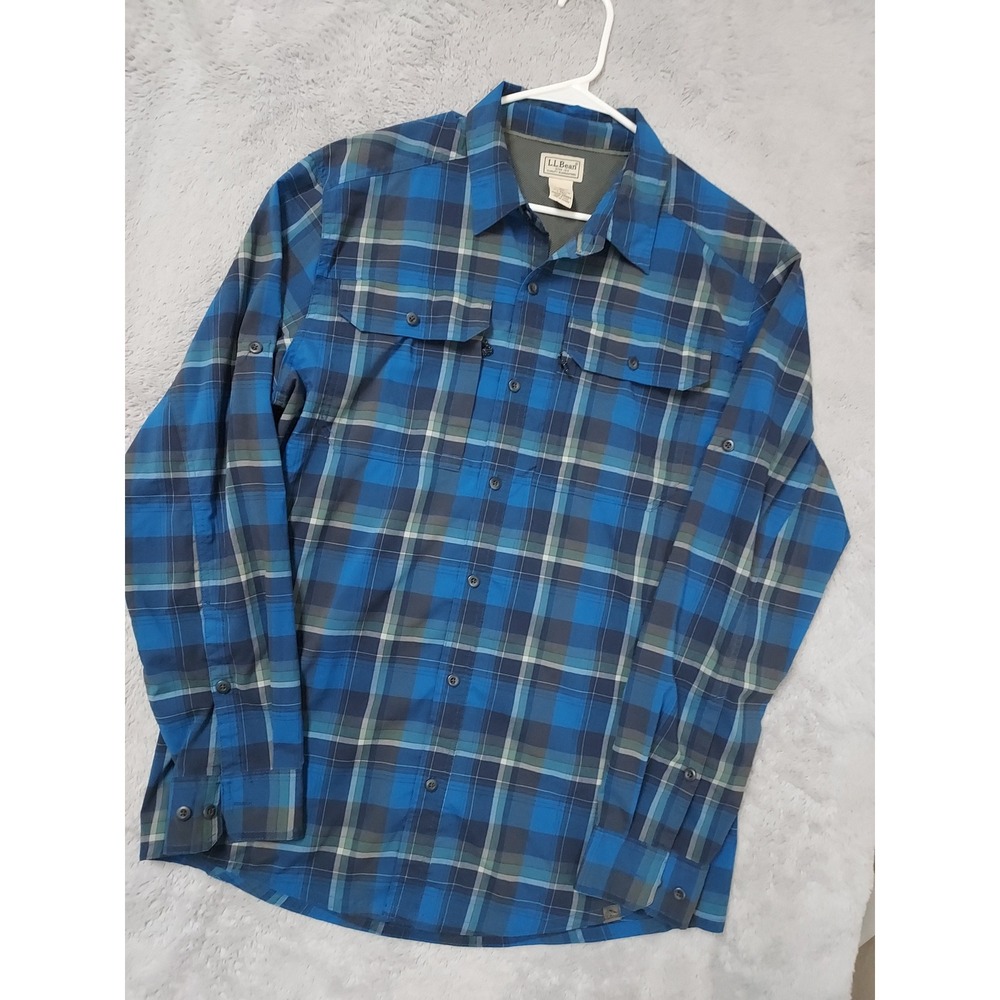 LL Bean Shirt Mens Large Tall Plaid Fishing Cresta Trail Long Sleeve Blue LT EUC